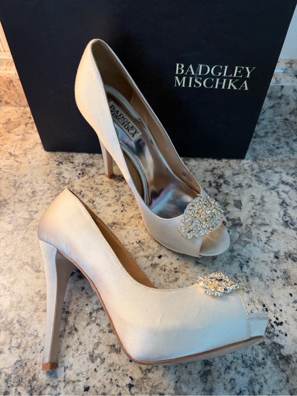 Badgley Mischka Ivory Satin Peep-Toe Heels with Crystal Embellishment Wedding